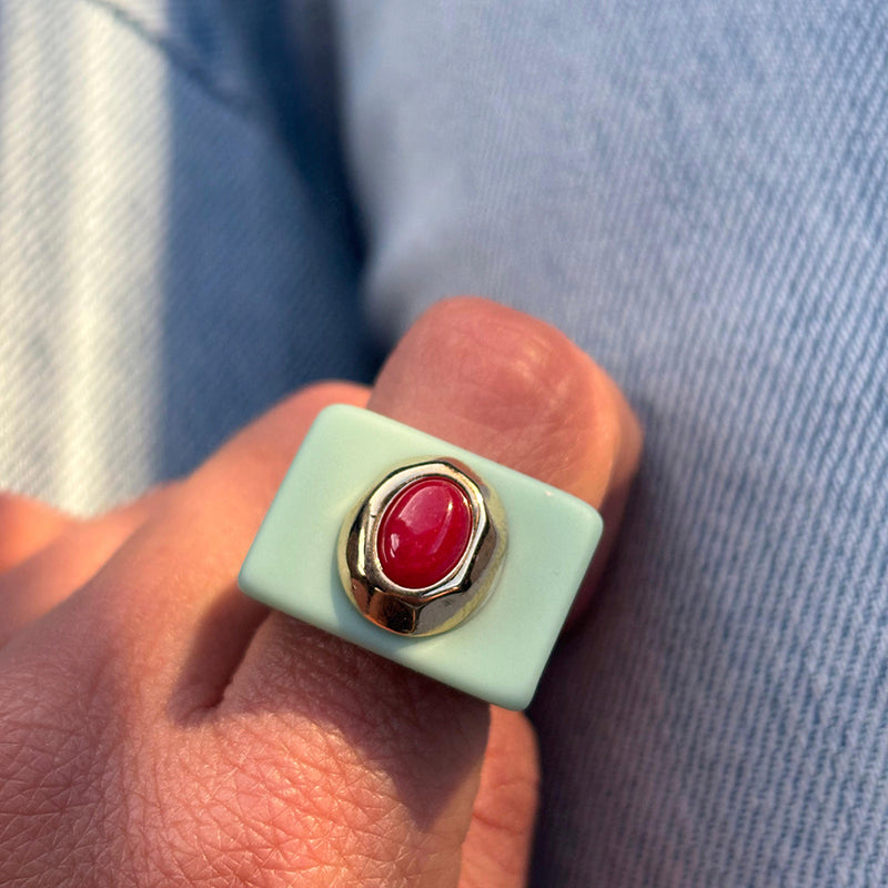 Grande bague femme en amazonite rouge menthe