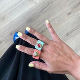 Grande bague femme en amazonite rouge menthe
