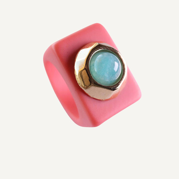 Anillos grandes mujer Coral salmón con Cuarzo Verde Turquesa