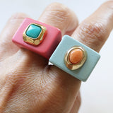 Anillos grandes mujer Azul Nordico con piedra natural Amazonita Naranja