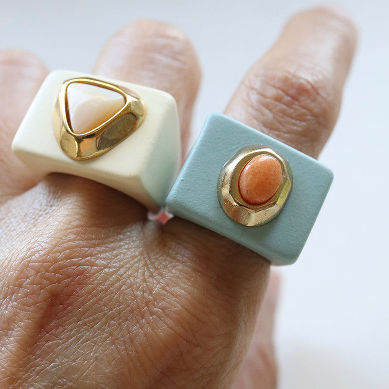 Anillos grandes mujer Azul Nordico con piedra natural Amazonita Naranja