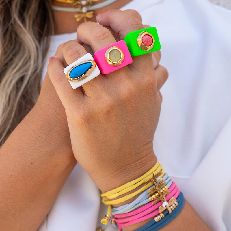 Bague femme en fluorure fuchsia avec pierre naturelle d'aventurine