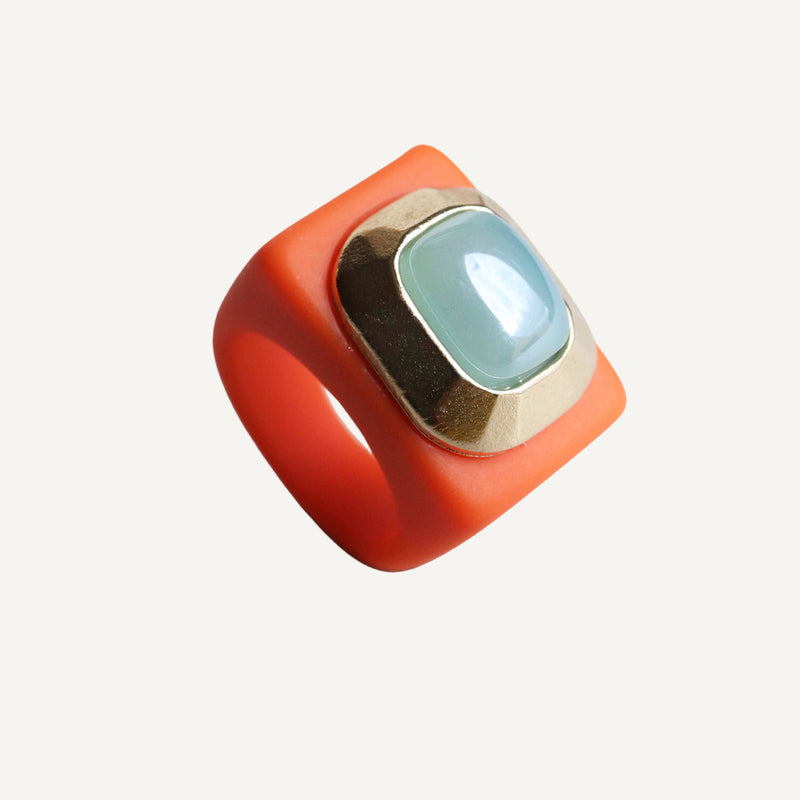 Anillo para mujer naranja ágata azul